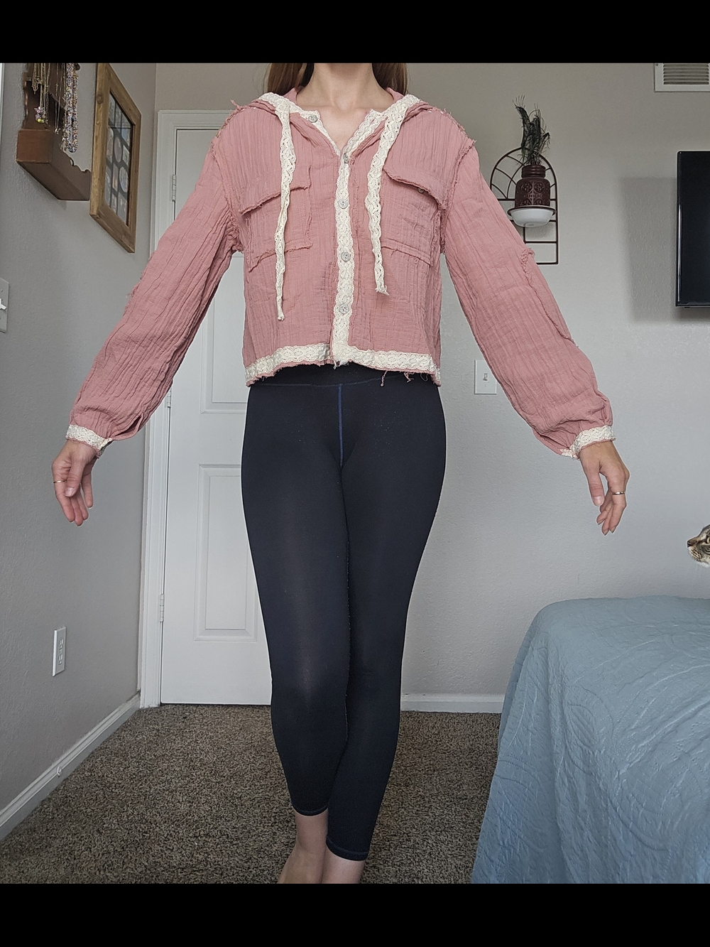 Pol Pink Hooded Cropped Jacket with Lace Trim